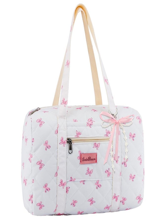 Lebaley Coquette Bag with Ribbon Pearl Bow - Pink Bow Tote Bags Cute Travel Bag,Floral Quilted Duffle Bags for Women Girls,Coquette Aesthetic Y2K Girls Dance Bag,Weekend Bags for Travel Trip Work - Image 1